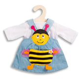 Heless Bee Dress 2-Piece features blue, yellow, black, and white fabrics on a wooden hanger for dolls 28-35 cm.