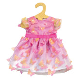 Heless Miss Butterfly dress for dolls, featuring pink butterfly print fabric layered over white, displayed on a wooden hanger