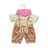Heless knickerbockers with shirt set features brown shorts, green and white checkered shirt, pink bow, and ribbed texture.
