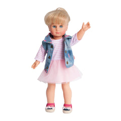 dressed in a denim vest and a pink floral skirt, featuring blonde hair and blue eyes.