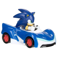 Sonic The Hedgehog die-cast vehicle features a blue roof, white body, red wheels, and Sonic character atop, made of shiny pla