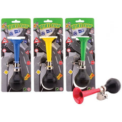 Johntoy Bike Fun bicycle horn in glossy packaging with colorful text, clear window, and visible black and yellow toys.
