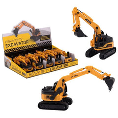 Johntoy excavator toy vehicle in yellow and black plastic, featuring a black shovel and wheels, displayed in cardboard packag