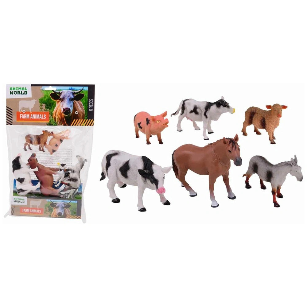 Johntoy Farm World Animals pack includes six figures: cow, pig, sheep, horse, and two goats in various shades on a white back