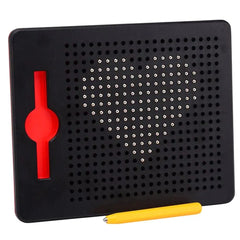 Magnetic drawing board playset features a black perforated surface, red handle, and yellow pencil with an eraser.