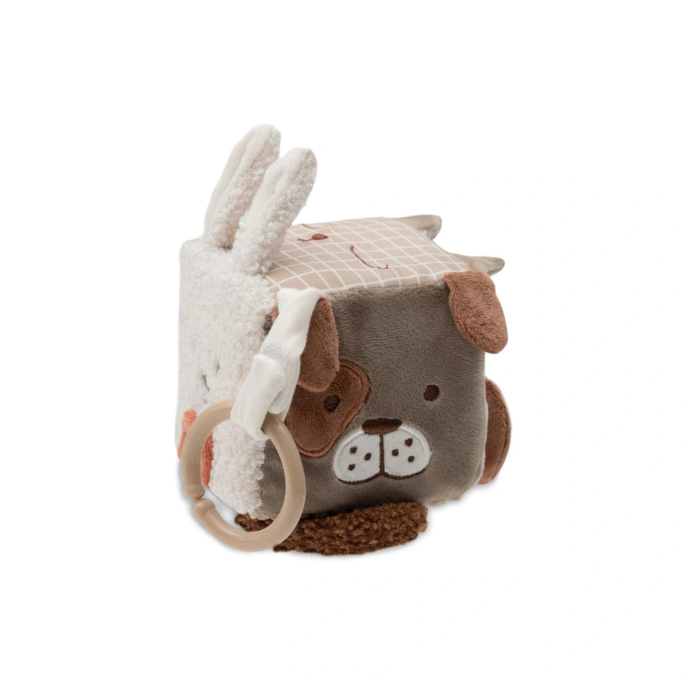 Jollein Activity Cube features a plush design with a brown base, fluffy ears, and contrasting white and brown facial details.