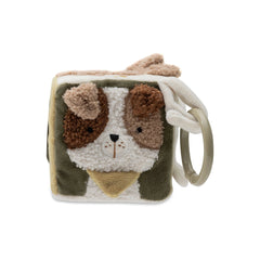 Jollein Activity Cube Tiny Park features a dog's face design in brown and white, with various buttons and a right-side handle