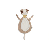 Jollein Pacifier Cloth Mick features a knitted cat plush toy with a white belly, brown ears, paws, and a yellow collar.
