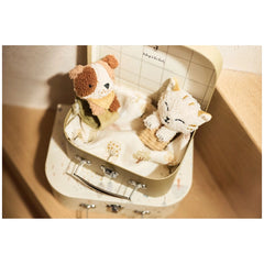 Jollein Wrist Rattle Tiny Park Mick Dog features two stuffed animals, a handle, and a hinge with a matte finish.