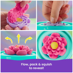 Kinetic Sand Squish Blossom showcases a pink dough being shaped into flowers on a light blue surface against a purple-blue ba