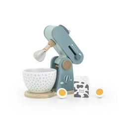 Label-Label Food Processor with a white polka-dotted bowl, light blue base, and smooth black handle and lid.