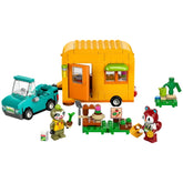 Lego Animal Crossing set featuring a yellow truck, blue car, and colorful figures with a table, shovel, and plant.