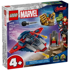 LEGO Marvel set features Captain America in a red and blue Quinjet with missile launchers, facing Thanos's spaceship and Infinity Gauntlet, designed for ages 4+.