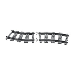 Curved LEGO® train tracks in gray, featuring a right-facing and left-facing switch track. The pieces connect seamlessly to expand existing layouts.