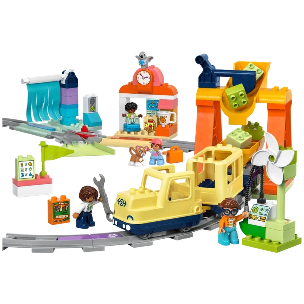 Colorful Lego Duplo Big Interactive Community Train set featuring train tracks, a station, interactive figures, and vibrant accessories.