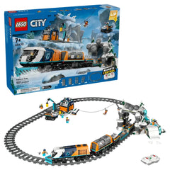 LEGO® Explorers’ Arctic Polar Express Train construction set with remote-controlled locomotive, snowplow, and toy mountain tunnel, set against a snowy backdrop.