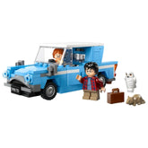 LEGO Harry Potter Flying Ford Anglia set with blue car, featuring minifigures of Harry and Ron, an owl, a suitcase, and a rat.