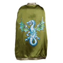Dragon Cape featuring a coiled dragon in blue, green, and white with detailed wings, set against an olive green background.