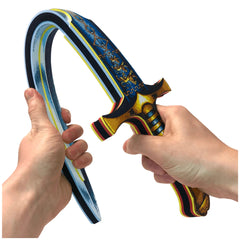 Liontouch King Sword with a blue and yellow striped handle, metallic gold and black curved blade, and textured grip.
