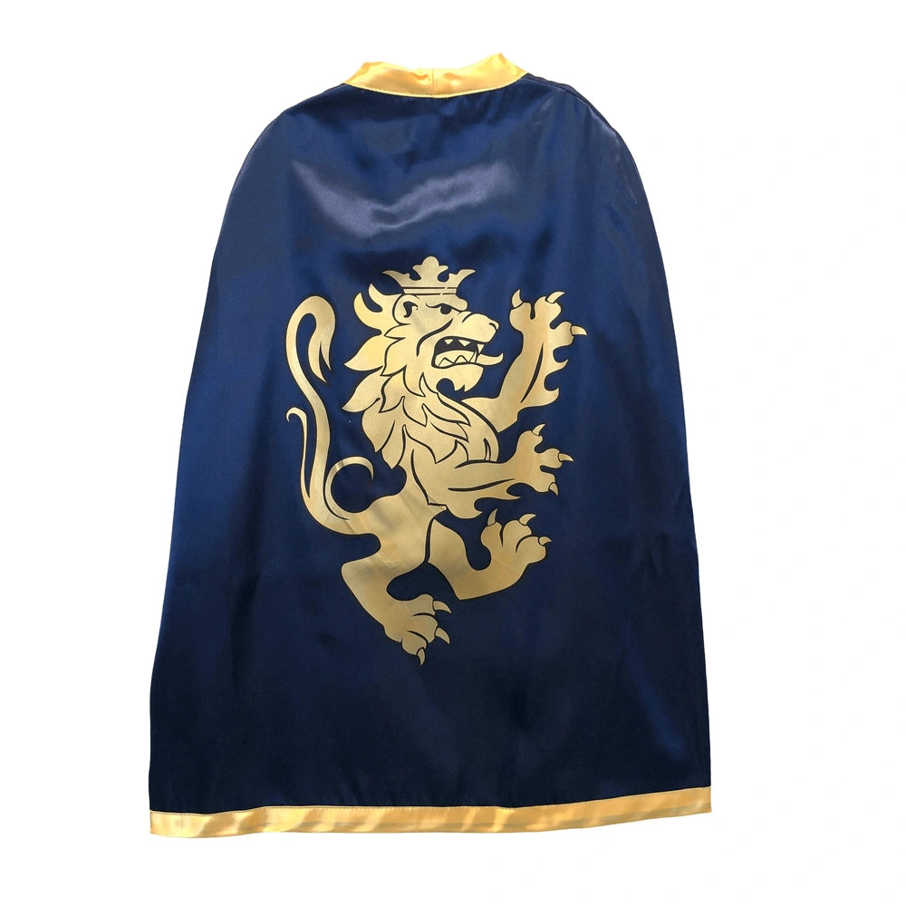 Blue Liontouch Knight Cape featuring gold trim and lion design, perfect for pretend professions and role playing.