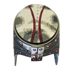 Liontouch Maltese Helmet with gray, red, and white finishes, featuring a cylindrical shape and circular elements.