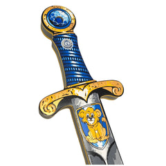 Mini Lion Sword in blue with a metallic sheen handle, gold hilt, and yellow blade featuring a lion emblem.
