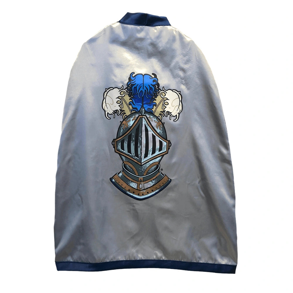 Liontouch Mystery Knight Cape in glossy blue fabric with dark blue trim, featuring a shiny metallic helmet and sword.