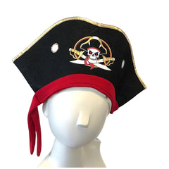 Pirate hat with black base, white skull and crossbones, red band, and gold trim, perfect for pretend play and role-playing.