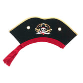 Black pirate hat with red trim and bow, featuring a skull and crossbones emblem, displayed on a white background.