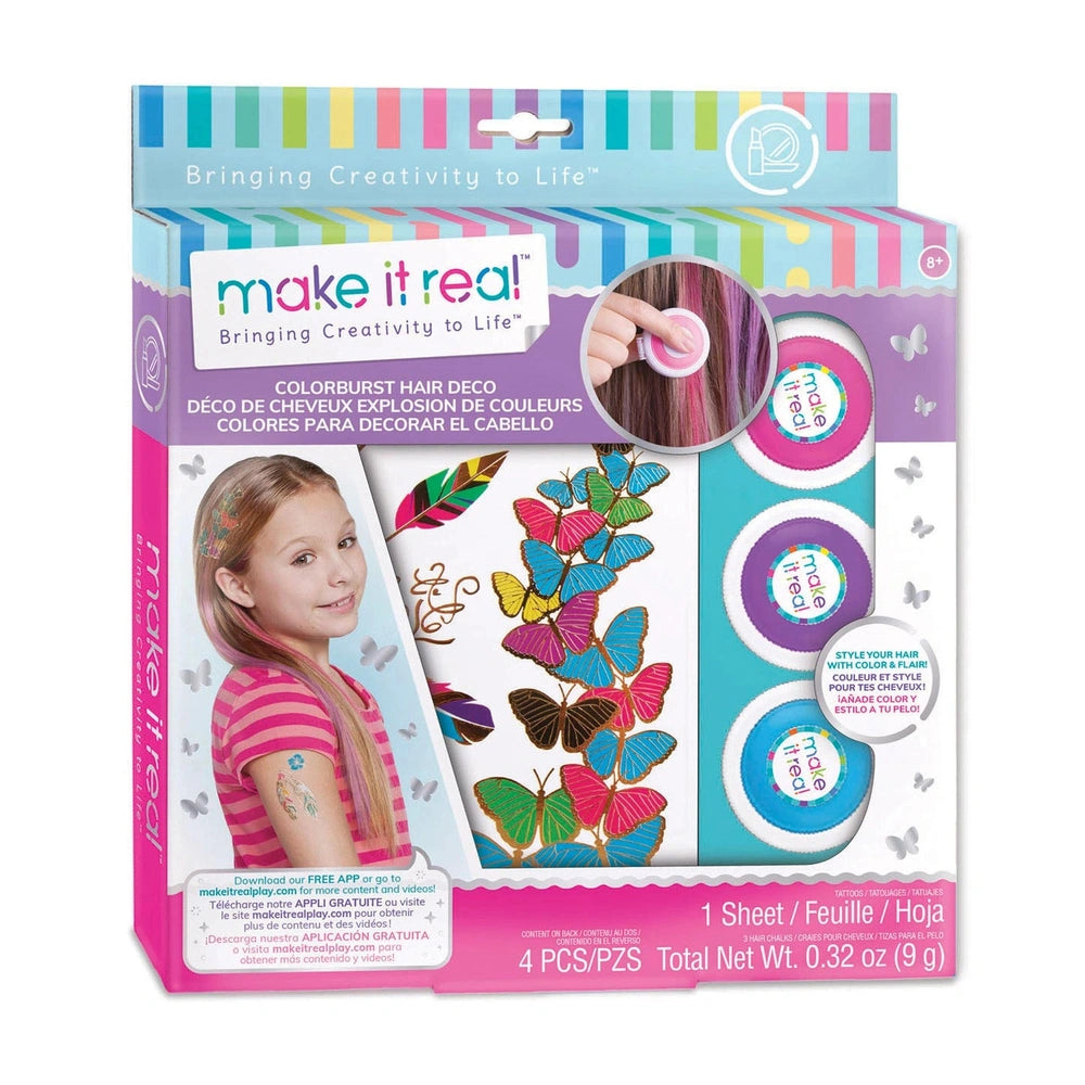 MAKE IT REAL Color Your Own Hair arts and crafts kit in colorful striped box with plastic window and creative label.