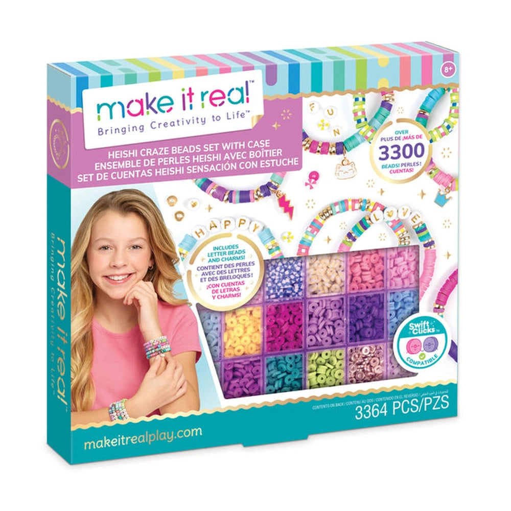 Heishi Craze Swift Clicks Compatible Heishi Beads Set in glossy, colorful packaging with instructions for various jewelry cre