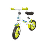 Mandelli Balance Bike GO GO UNISEX features a white frame with green accents, black seat, and yellow-rimmed wheels.