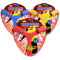 Mandelli Indoor Booma Junior sports toys packaging features blue and yellow boomerangs on a glossy red background with colorf