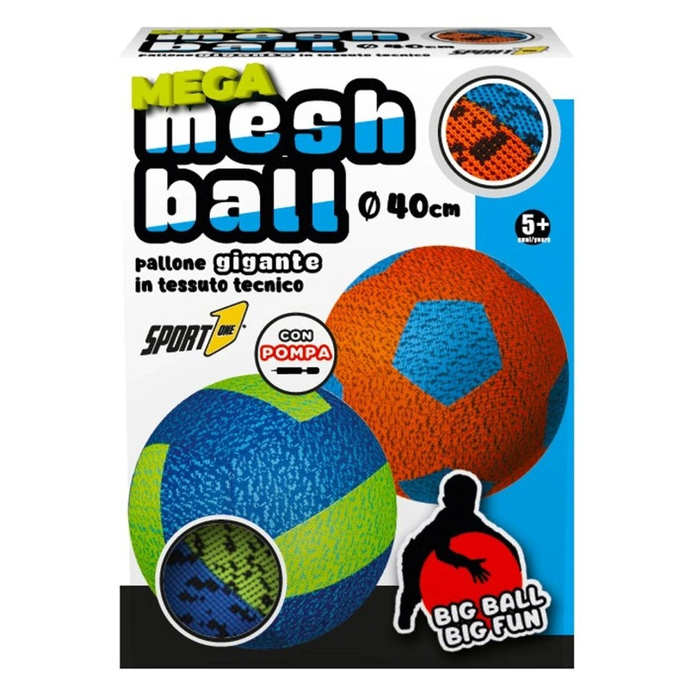 Mandelli Mega Mesh Ball 40 cm sports toy packaging features blue and white design, transparent window, and colorful ball imag