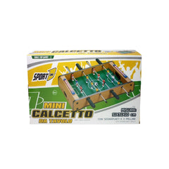 Mandelli Mini Table Football features a cardboard and plastic design with a green field, yellow and white background, and soc