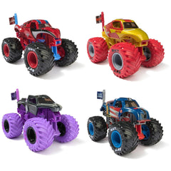 A collection of four colorful toy monster trucks in red, yellow, blue, and purple, showcasing unique designs against a white
