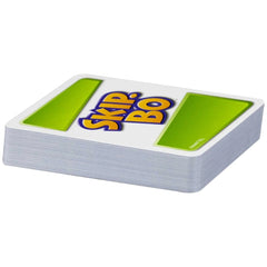 Skip-Bo Ultimate Sequencing Card Game packaging features glossy white background with blue, yellow, and green graphics and te