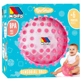 Molto Playsense sensory ball in pink with white circles, packaged in glossy cardboard with child image and BPA-free label.
