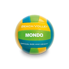 Mondo Beach Volleyball Size 5 features a textured synthetic surface with green, yellow, blue, and white sections, and officia