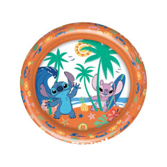 Mondo Disney Stitch inflatable pool rings feature colorful cartoon characters on a beach with palm trees and beach toys.