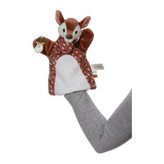 Rehkitz 2 in 1 plush toy features a brown deer with white spots, gray sleeve, and detailed facial features, perfect for baby