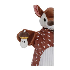My First NICI Rehkitz plush toy features a smiling brown deer with white spots and a white hat with yellow stripes.