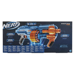 Nerf Elite 2.0 Shockwave RD-15 Blaster retail packaging with white text on dark blue background, showcasing toy weapon detail