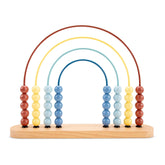 New Classic Toys abacus with wooden base, red, blue, and yellow plastic beads, and metal connectors in a centered layout.
