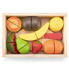 New Classic Toys fruit box with wooden container and plastic fruits including orange, brown slice, banana, grape, and strawbe