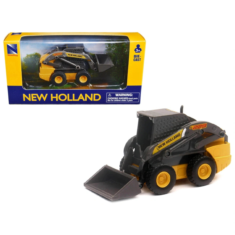 New Ray Mini Skid Steer New Holland L228 die-cast vehicle in yellow and black, displayed in yellow and blue cardboard packagi