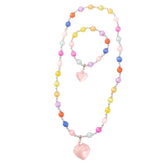 Colorful hearts necklace and bracelet set featuring pink, blue, green, yellow, orange, purple, and multiple silver beads.