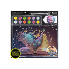 Diamantiny Artist Level Up painting kit with assorted glow-in-the-dark gemstones in glossy black retail packaging.