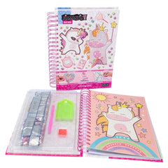 NICE Diamantiny Coloring Book features a plastic cover, spiral binding, and colorful unicorn and sun designs on printed paper