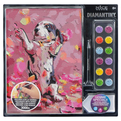 NICE Diamantiny Pets Coloring Arts Crafts packaging features a pink background, black and white dog, and decorative gem texts